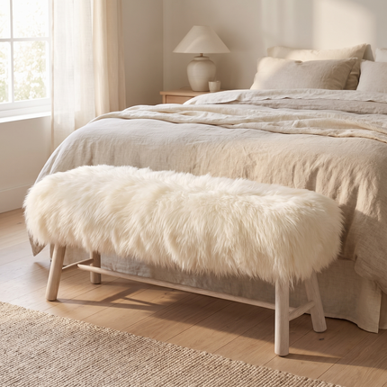 Benk med Islandsk Saueskinn | 140x35x45 cm Naturhvit