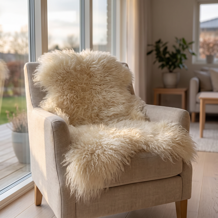 Saueskinn | Langhåret | Island | 90x60 cm Beige / Hvit